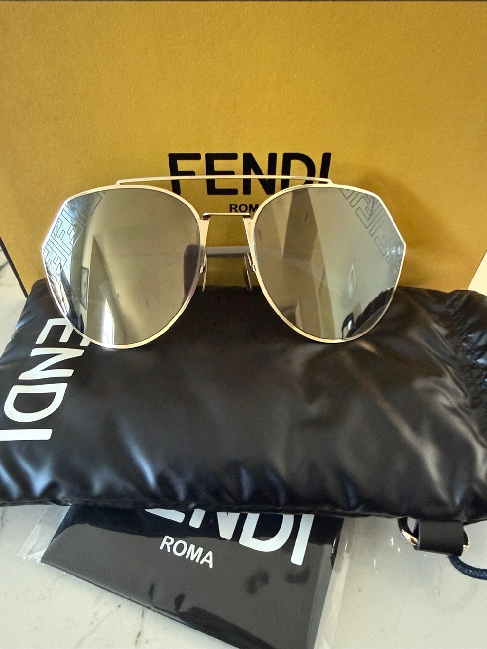 Fendi Gold Frame Silver Mirrored Aviator Sunglasses